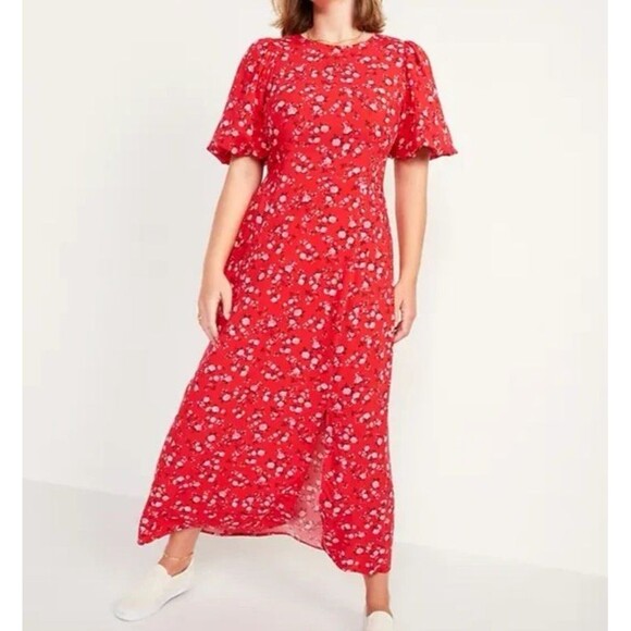 Old Navy Red Floral Print Smocked Puff Sleeve Maxi Shift Dress Size M - Picture 1 of 12